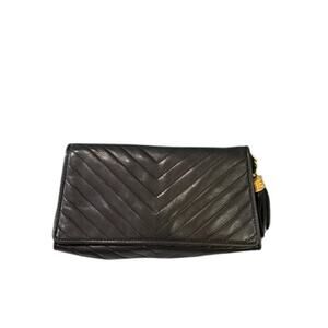 CHANEL Calf Skin Chevron Black leather Tassel Clutch*Hologram*ENTRUPY COA & Card